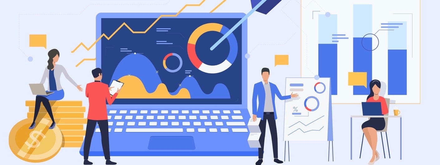 Animated people working and a laptop