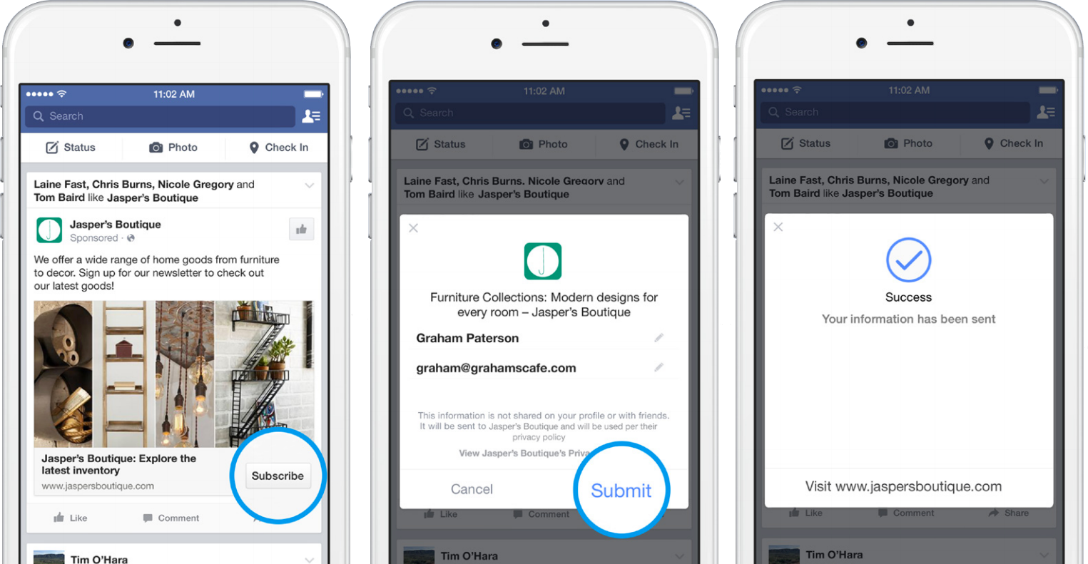 3 phones showing examples of Facebook leads ads