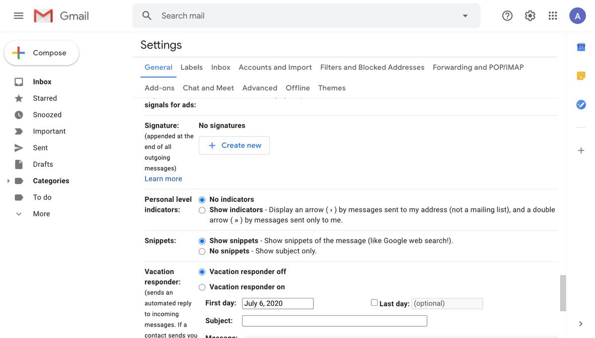 General settings for signature