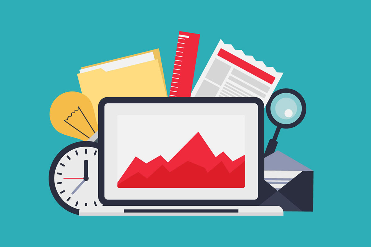 Laptop with image, clock, light bulb, folder, ruler webpage, magnifying glass, and mail