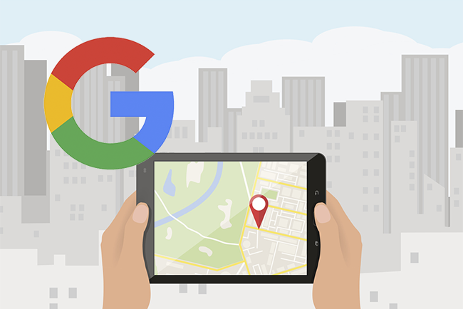 A hand holding a tablet, maps on the screen, and google logo at the upper left