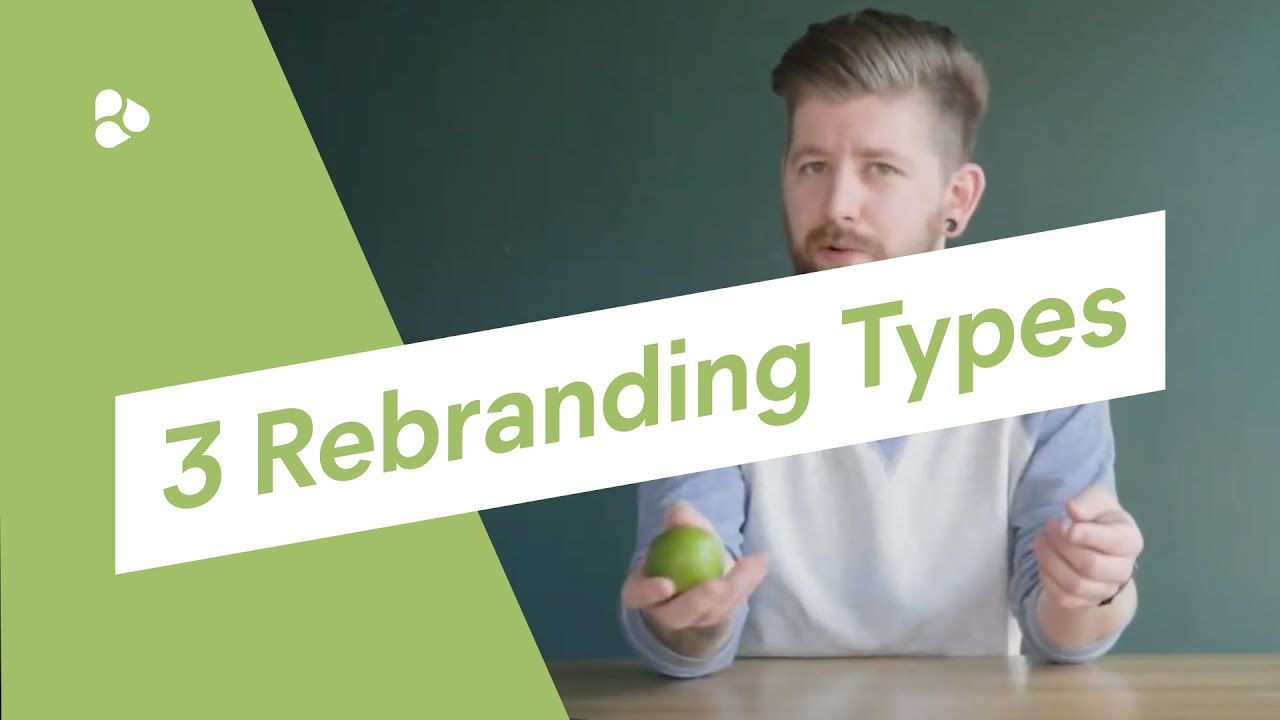 Words 3 Rebranding Types and a man at the back holding a small green ball