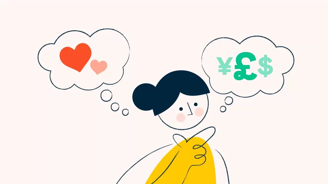 A heart and currencies sign inside bubble head of a lady
