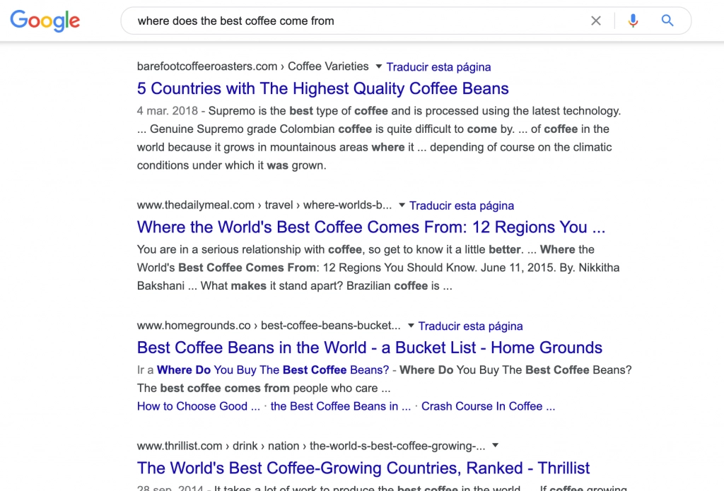 Where does the best coffee comes from on search in google