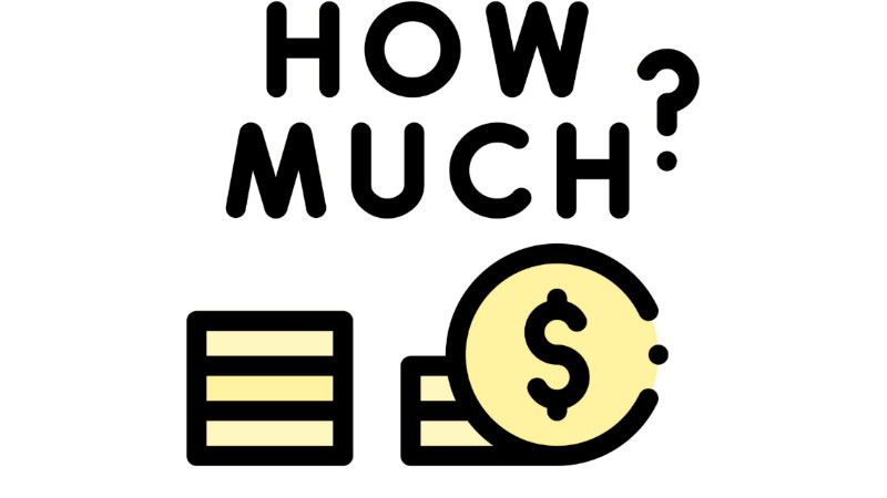 Words 'how much?' and coins icons