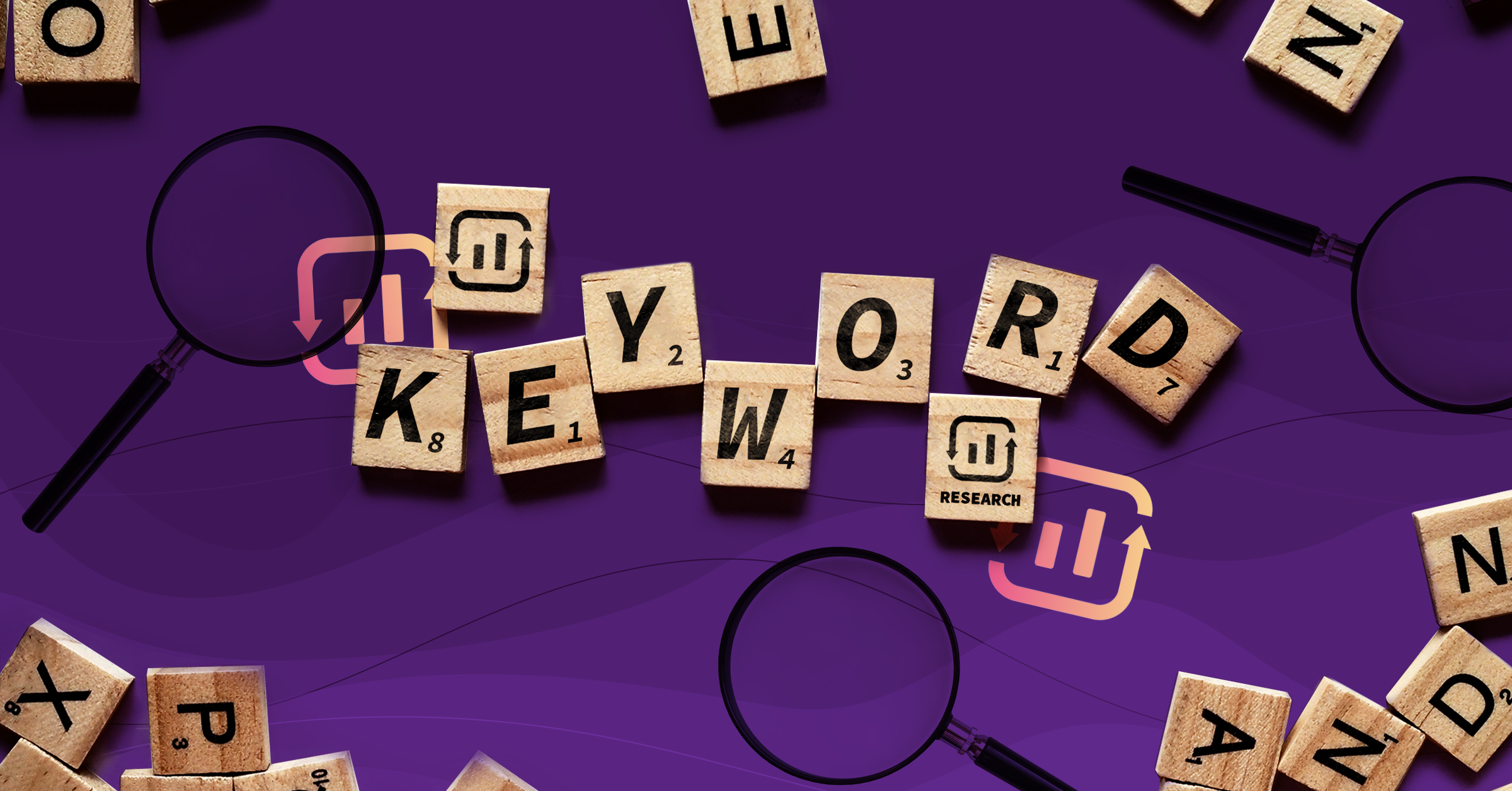 Keywords research on a wooden blocks and magnifying glass