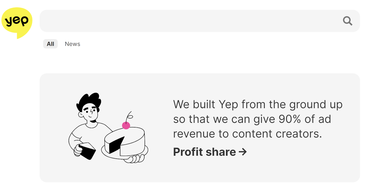 Yep search bar with profit share below