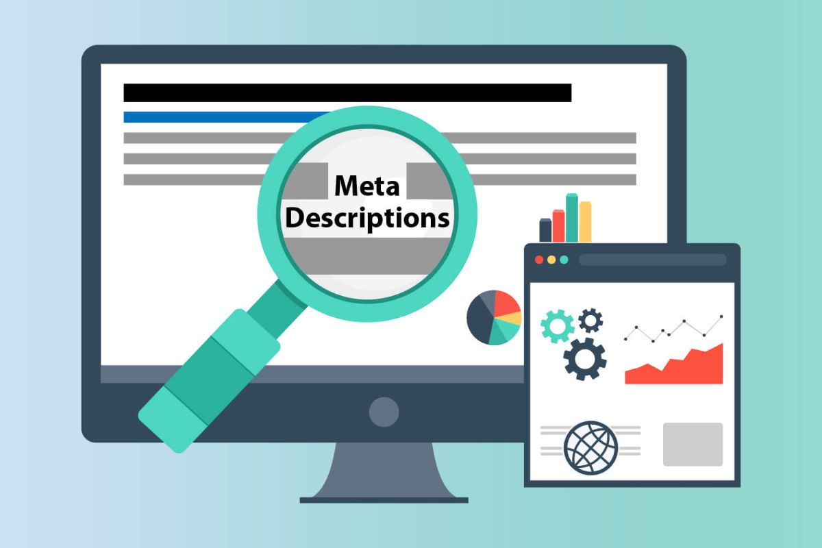 Meta description in a magnifying glass on a monitor and pie, bar, and line graphs