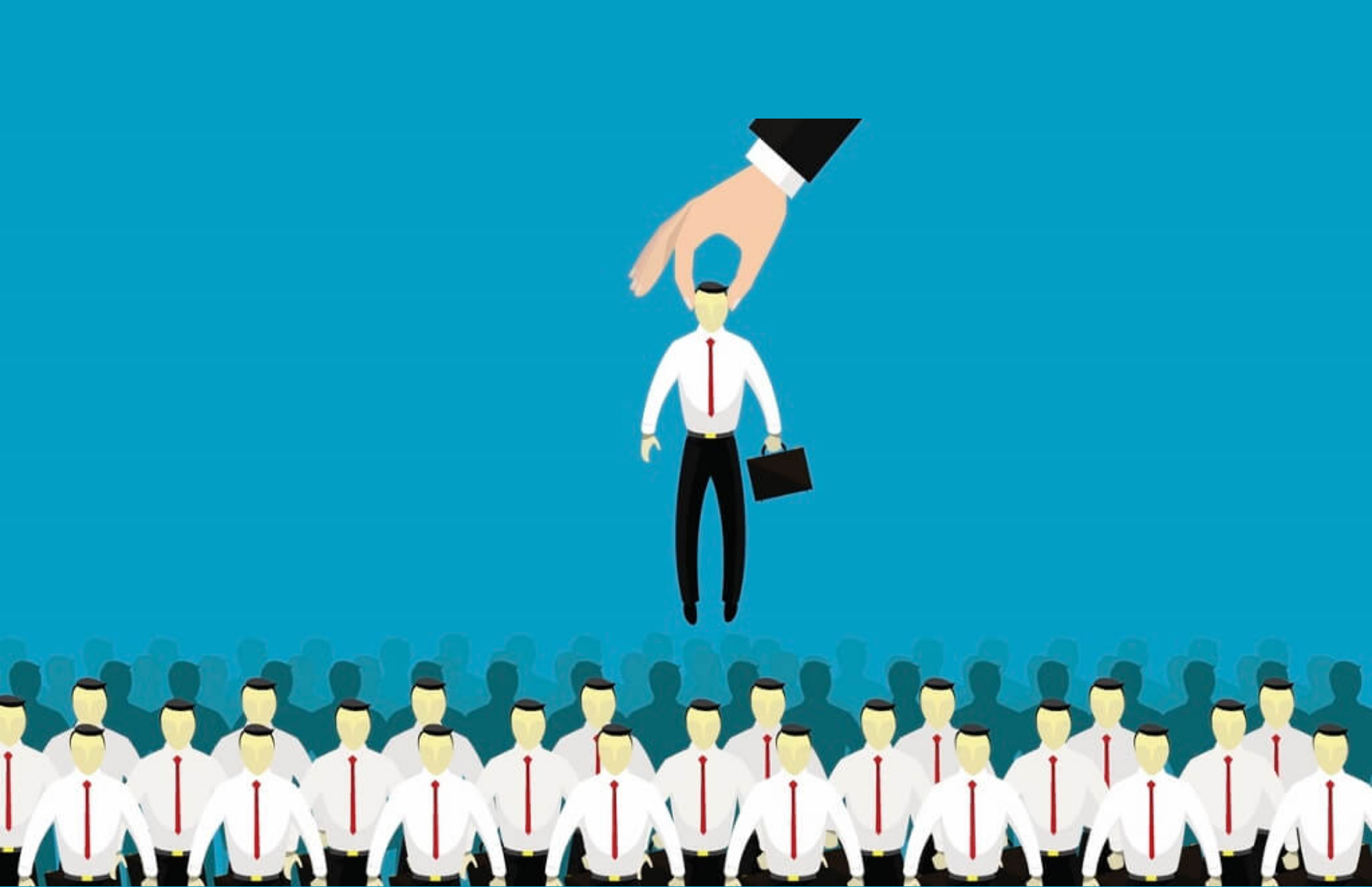 Another employee is being placed on the group of other employees by a man's hand