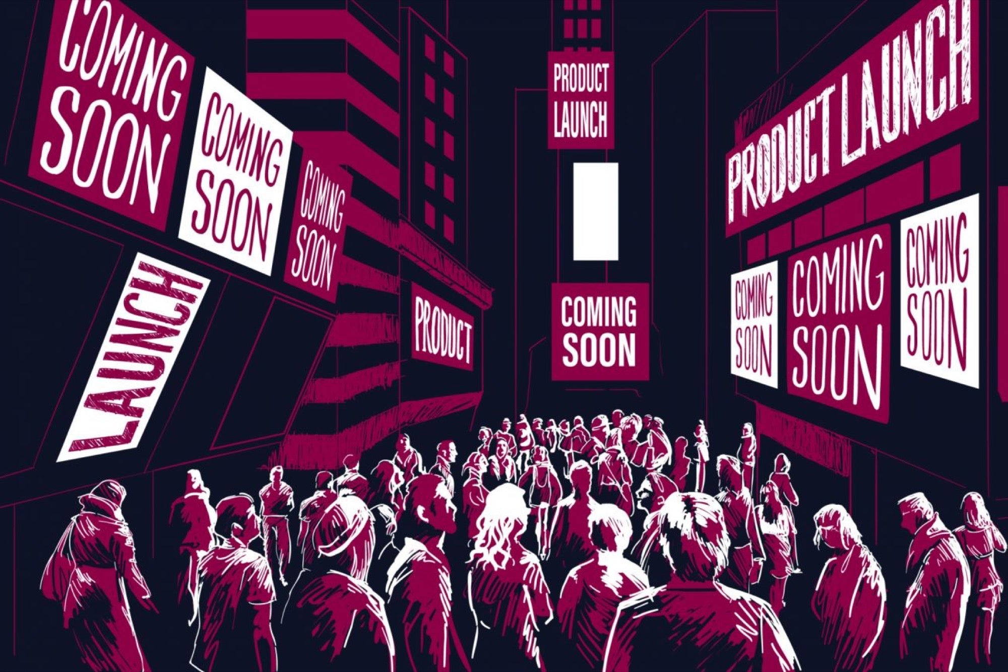 Product comming soon sign and people looking at it