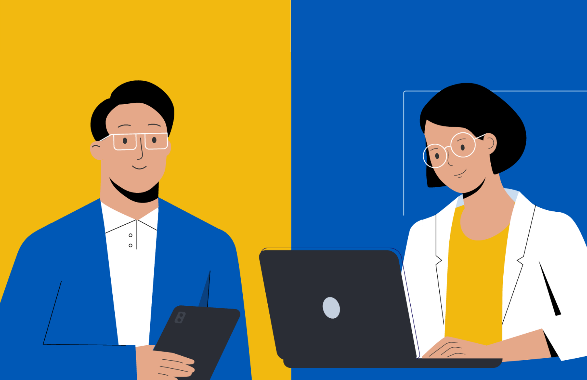 A man and a woman using technology at work
