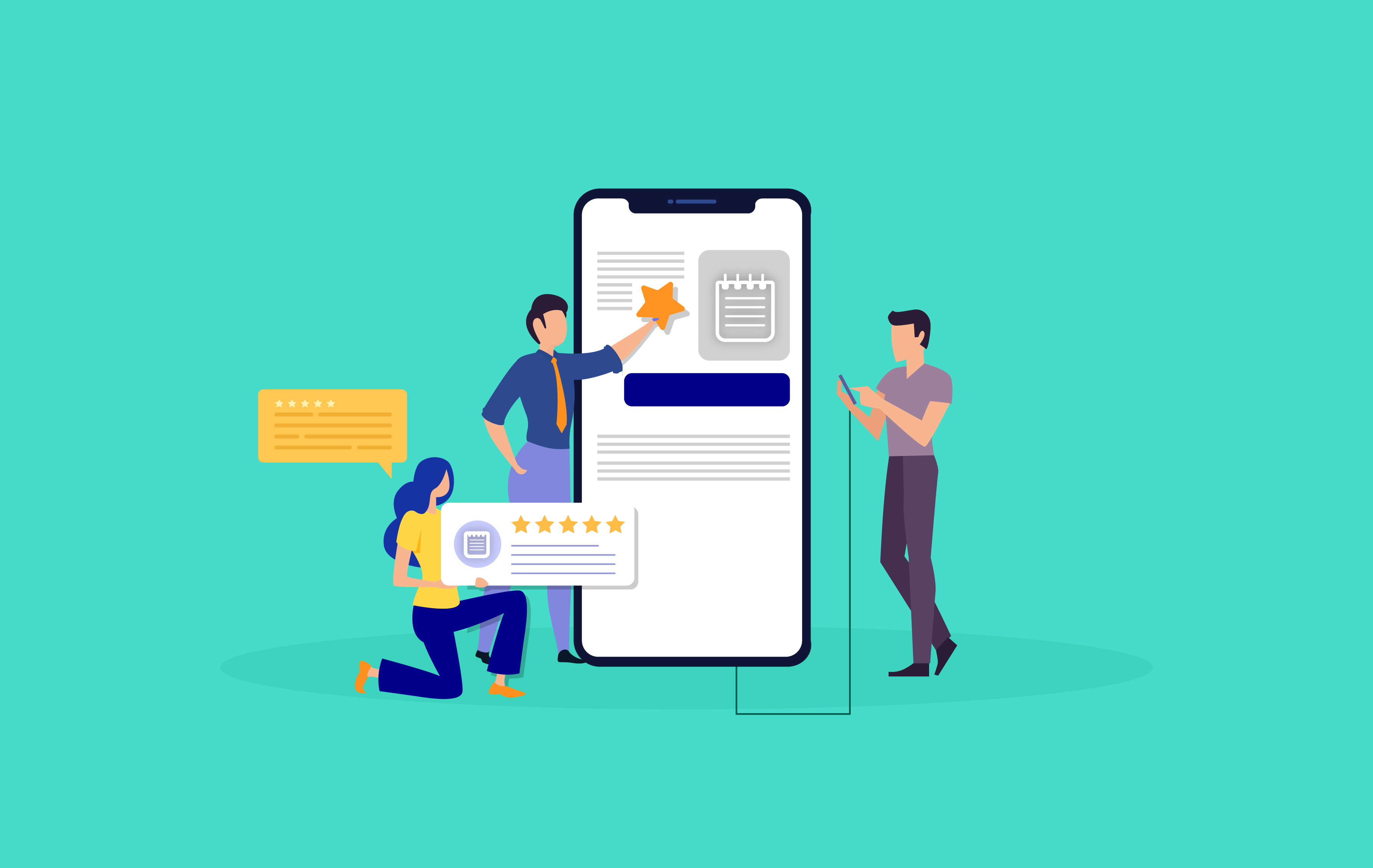 3 animated people working on something in a large screen smartphone