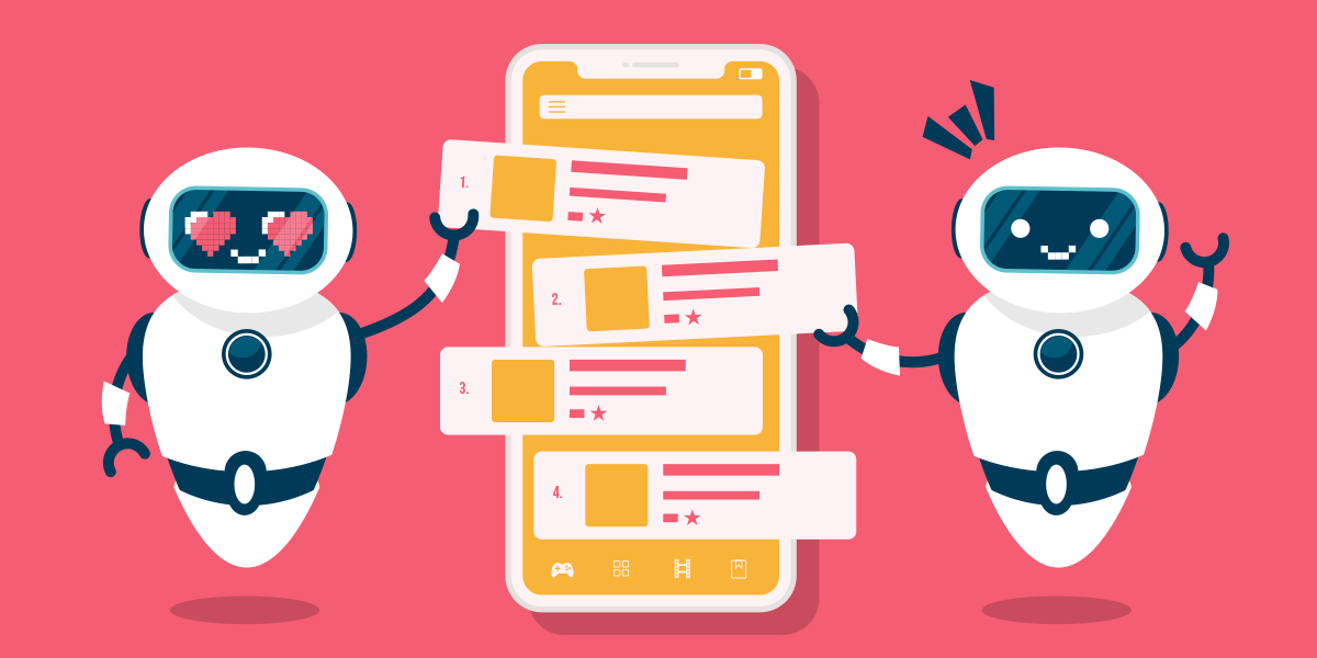 Robots holding review and ratings on phone