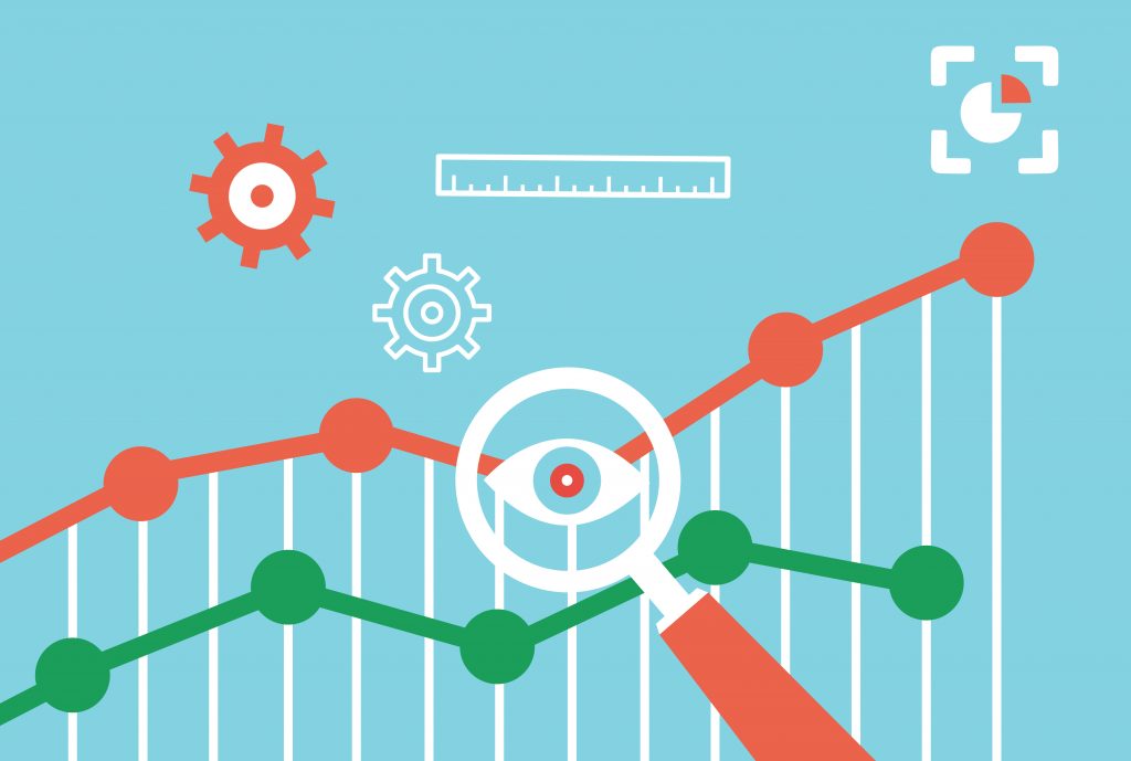 Line graphs with magnifying glass with eye