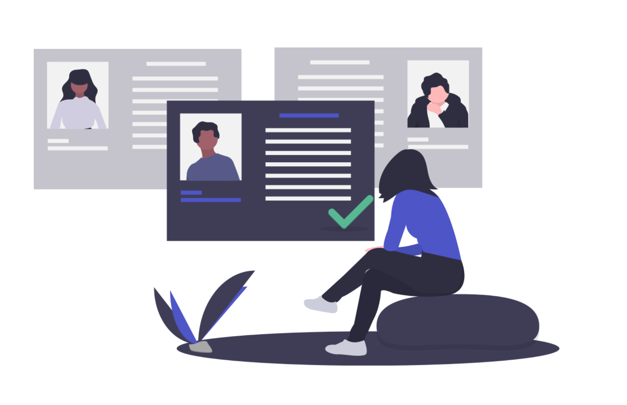 An artwork of a woman hiring remote talent and looking at 3 different profiles of prospect hire