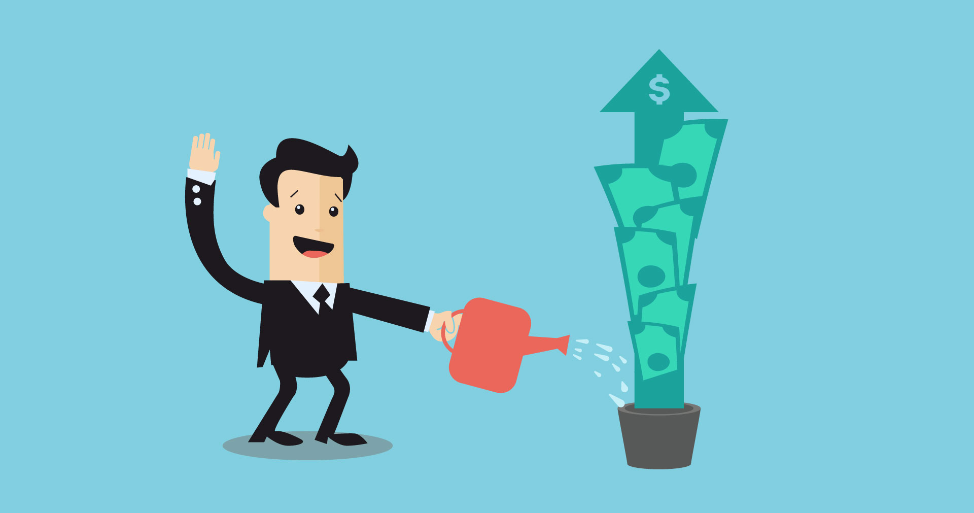 A man in suit watering a money plant