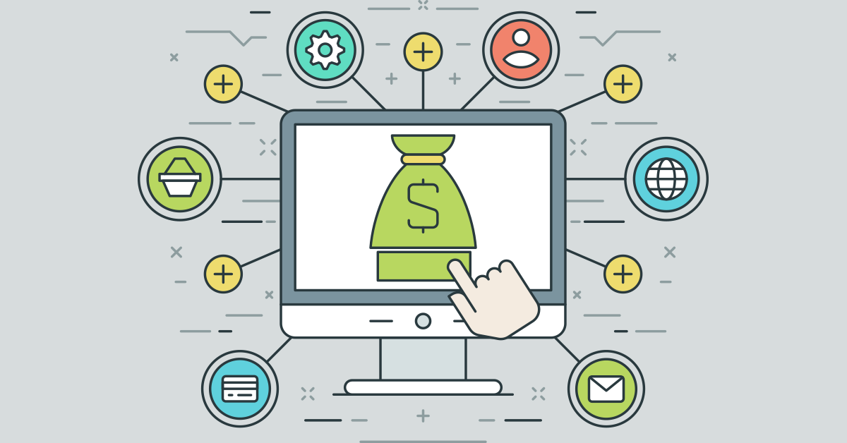 Money bag on a monitor and a hand pointing at it