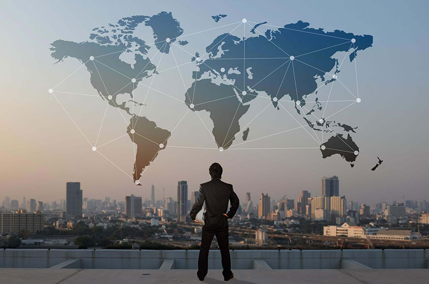 A man looking at a map in the sky with various locations