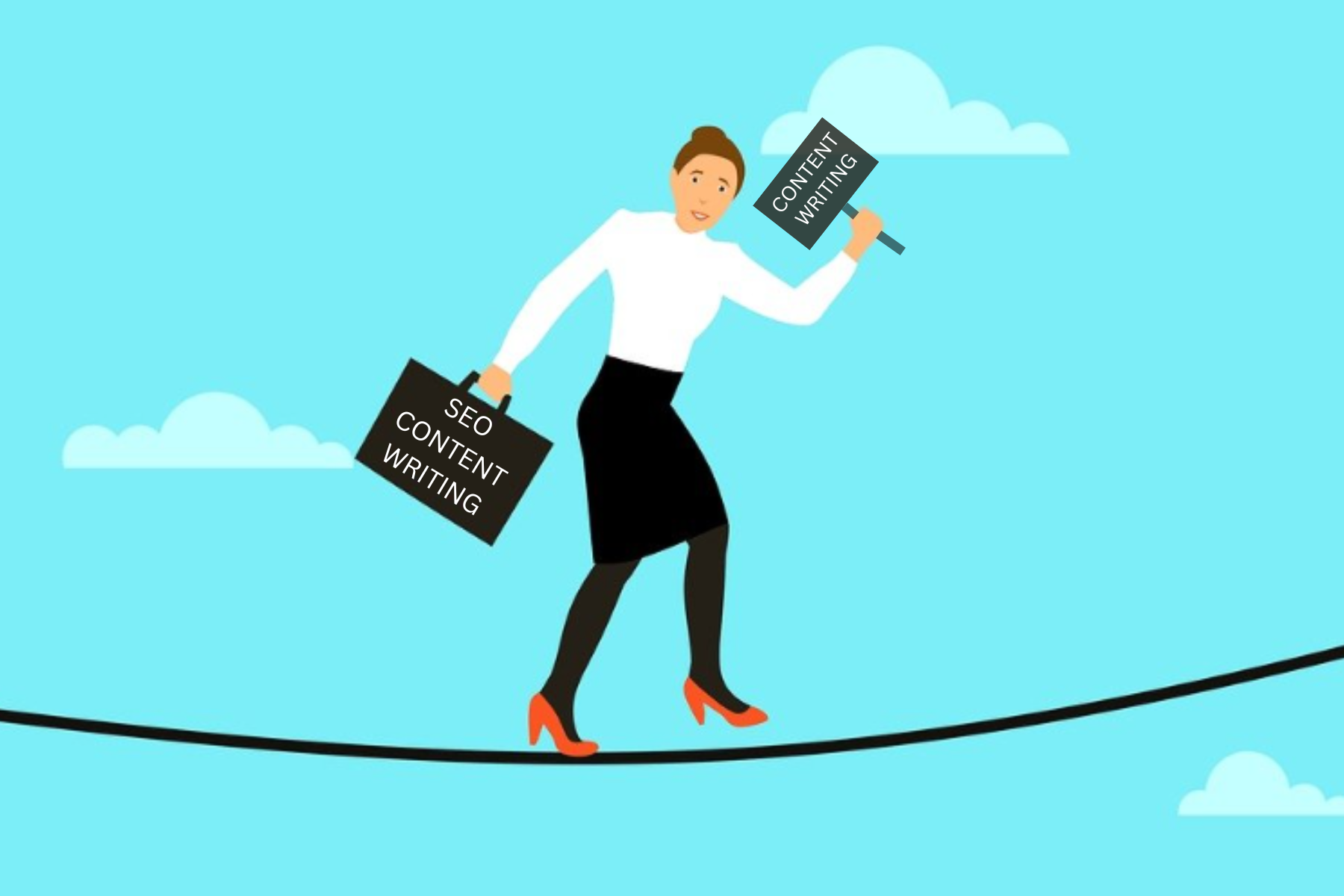 A lady balancing on a tightrope while holding a bag that reads "SEO Content Writing" and a banner that reads "Content Writing"
