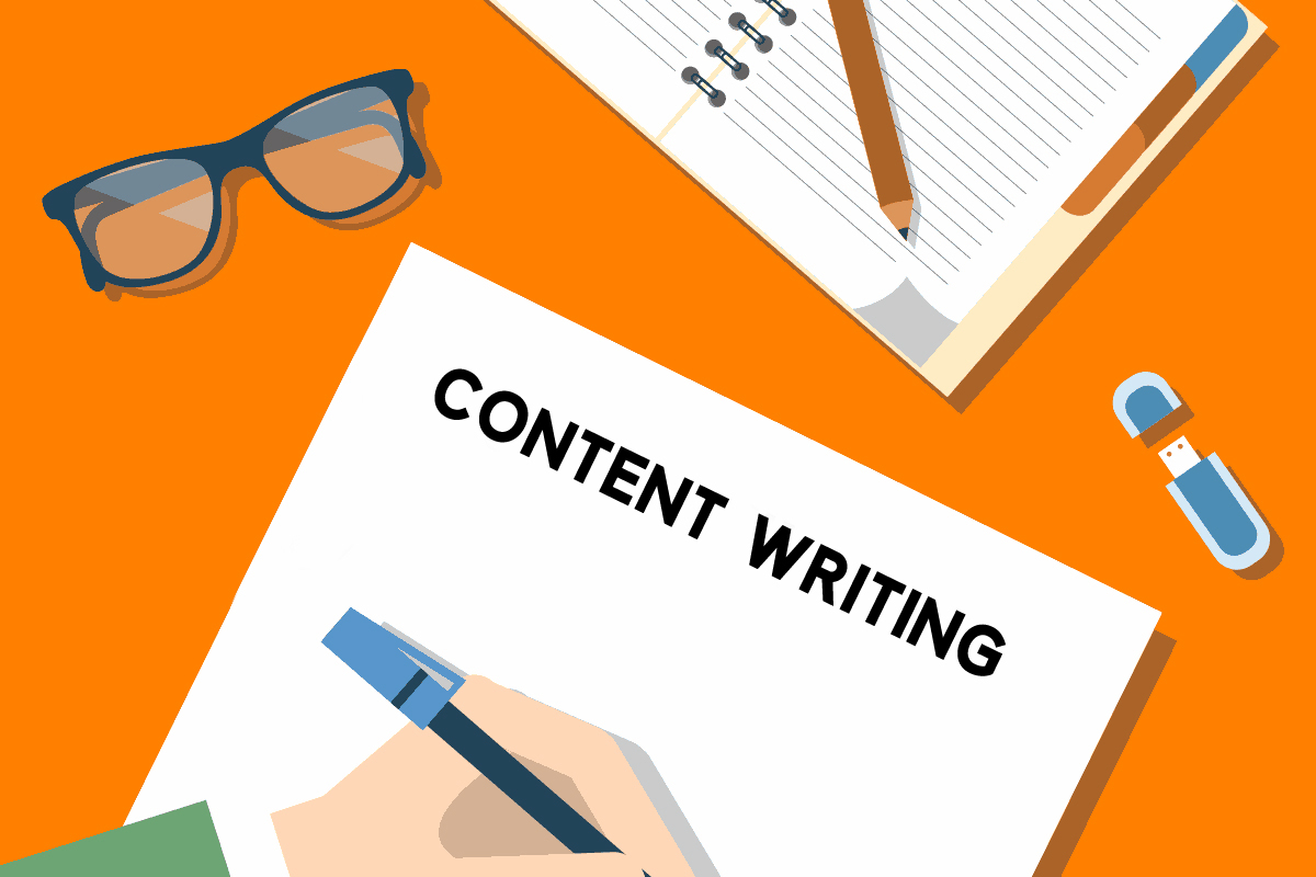 A piece of paper with the words "Content Writing" written by a man's hand, an eyeglass, and a flash drive