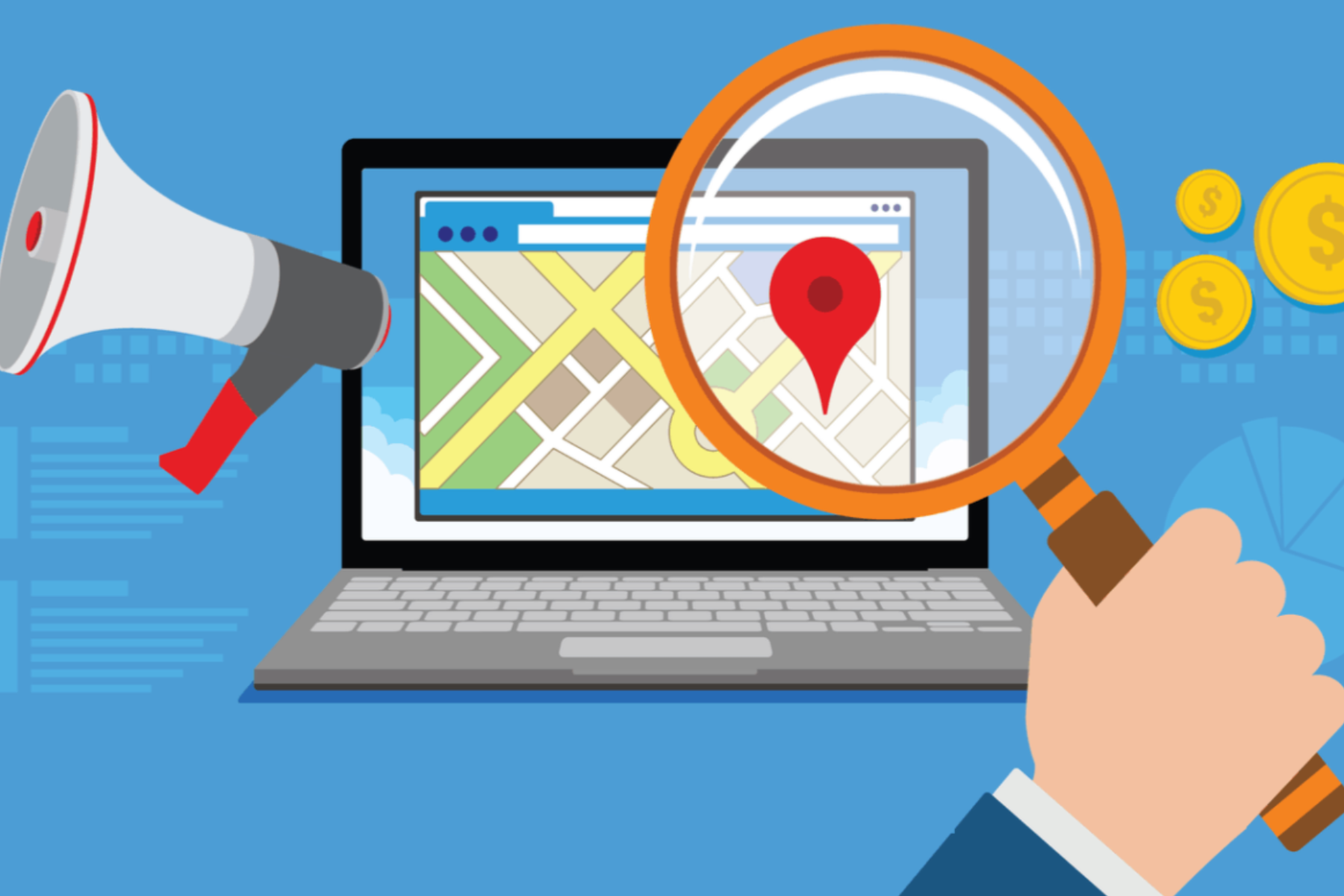 A man's hand pointing a magnifying glass in front of a laptop's pinpoint on a map