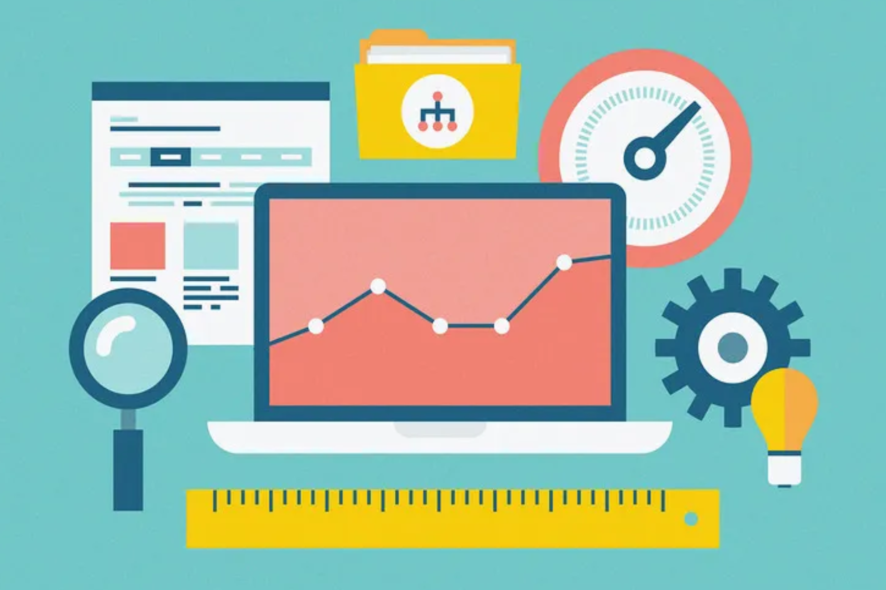 A laptop, magnifying glass, clock, ruler, and a setting logo are all included