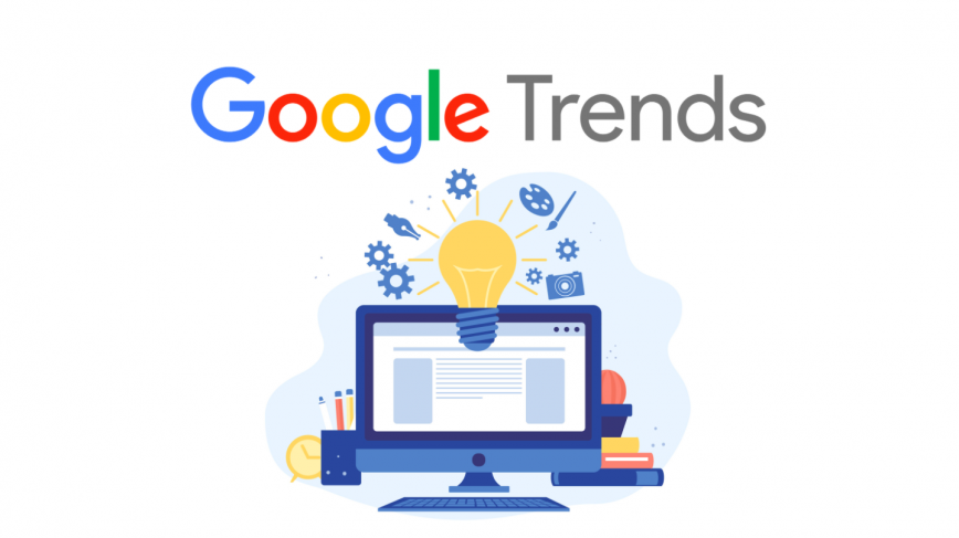 A monitor with a light bulb and the words "Google Trends" written on top of it