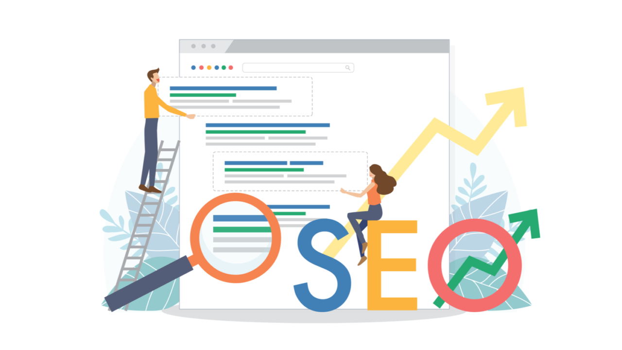 A man and a woman collaborate in front of a large Google screen, with the woman sitting on the letter "E" of the word "SEO"