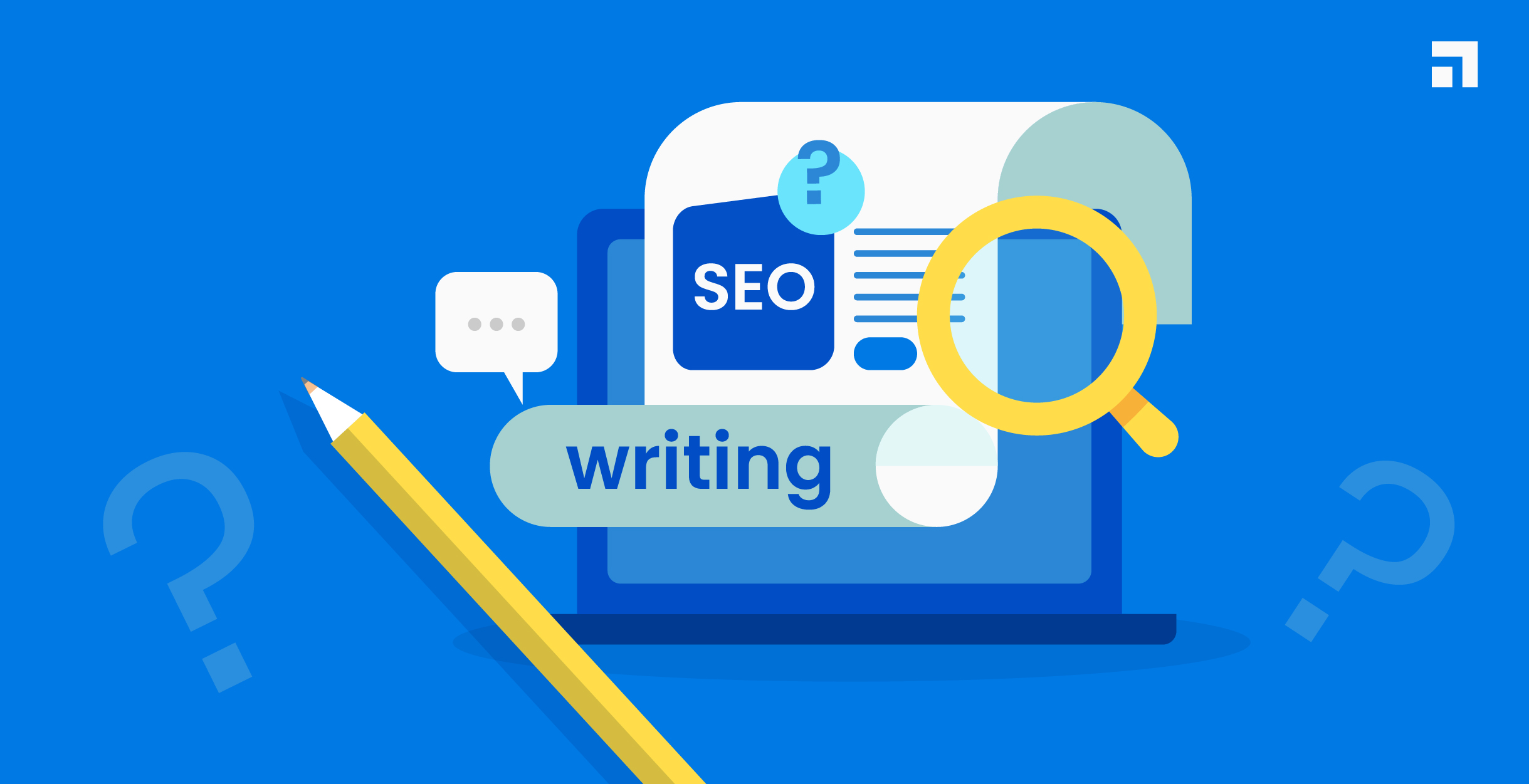 On top of the laptop is a piece of paper that reads "SEO writing" with a magnifying glass and a pen