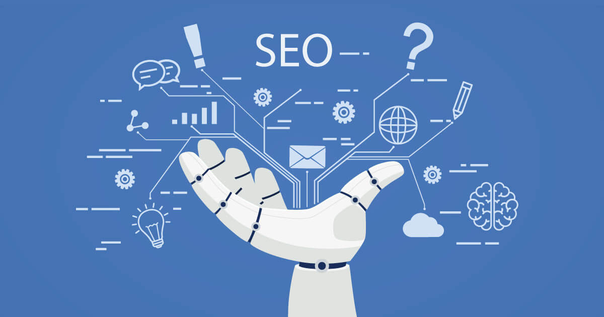 A robot's hand displays various logos while emphasizing SEO