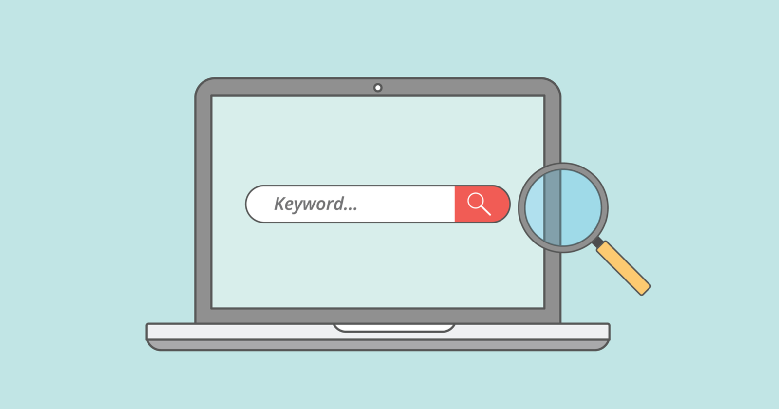 A laptop with a magnifying glass and a keyword search engine