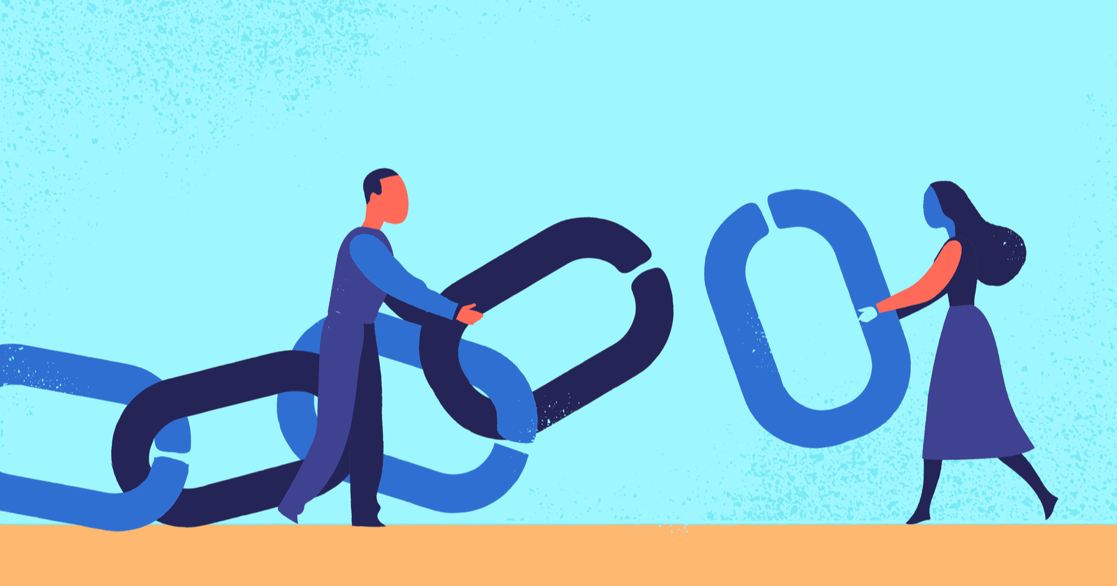 A man and a woman attempting to link a chain