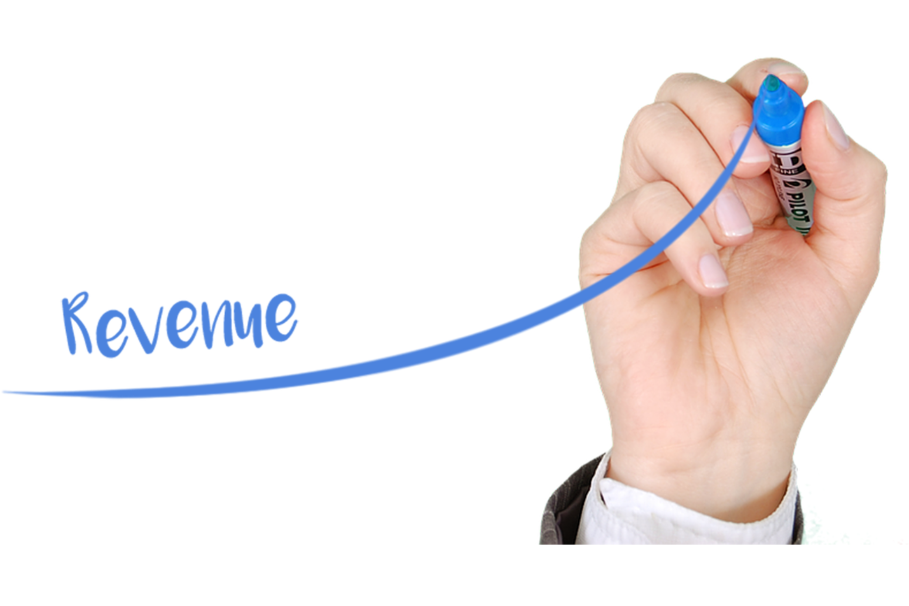 A person's hand wrote the word "Revenue" and a blue line