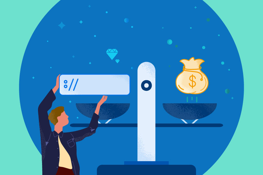 A man weighing the value of a domain name against the dollar