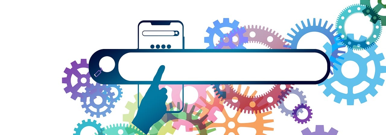 A hand pointing at an empty search bar, with a mobile phone outline and cogwheels in different colors