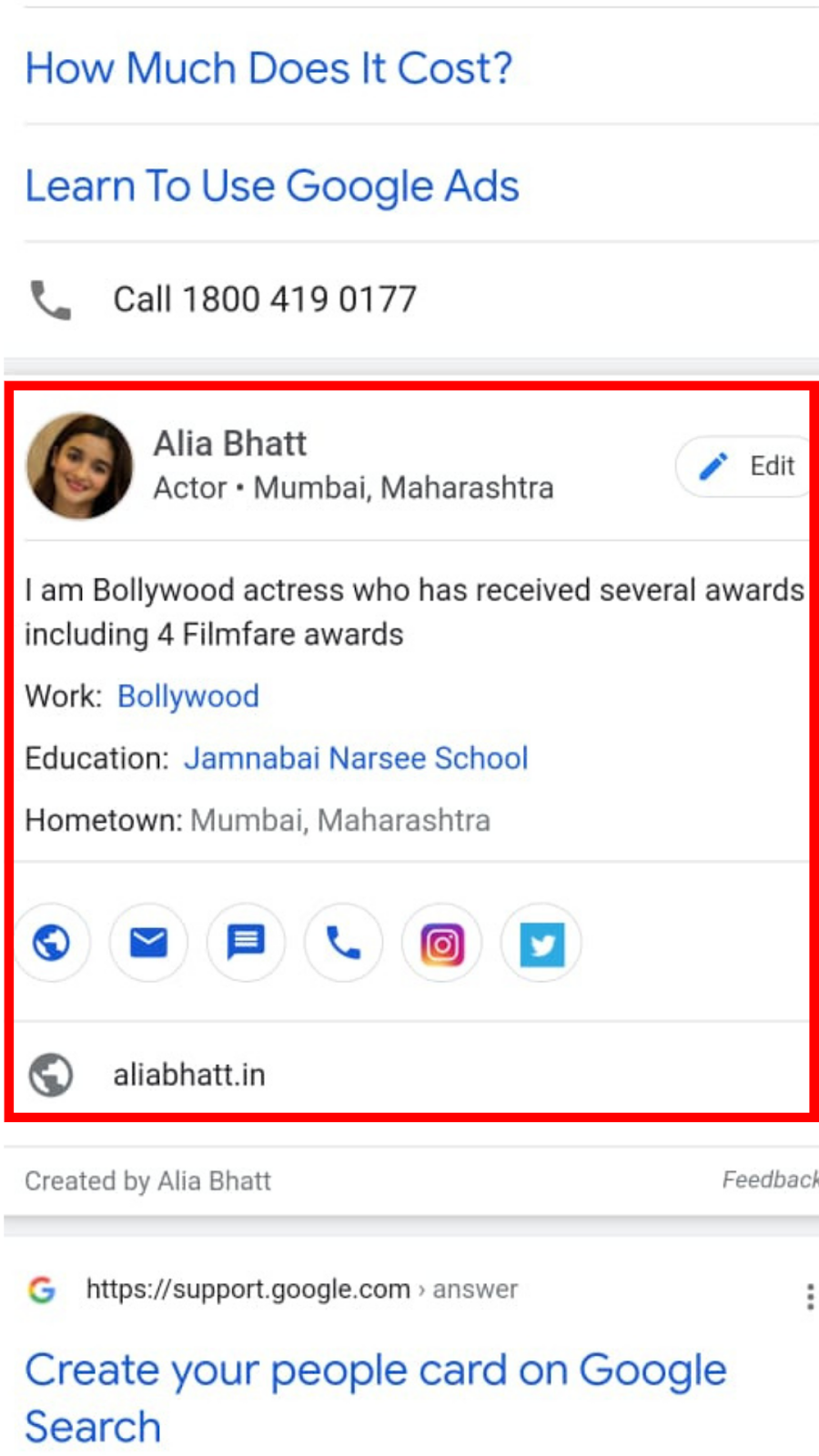 A Google People Card with the Edit Button