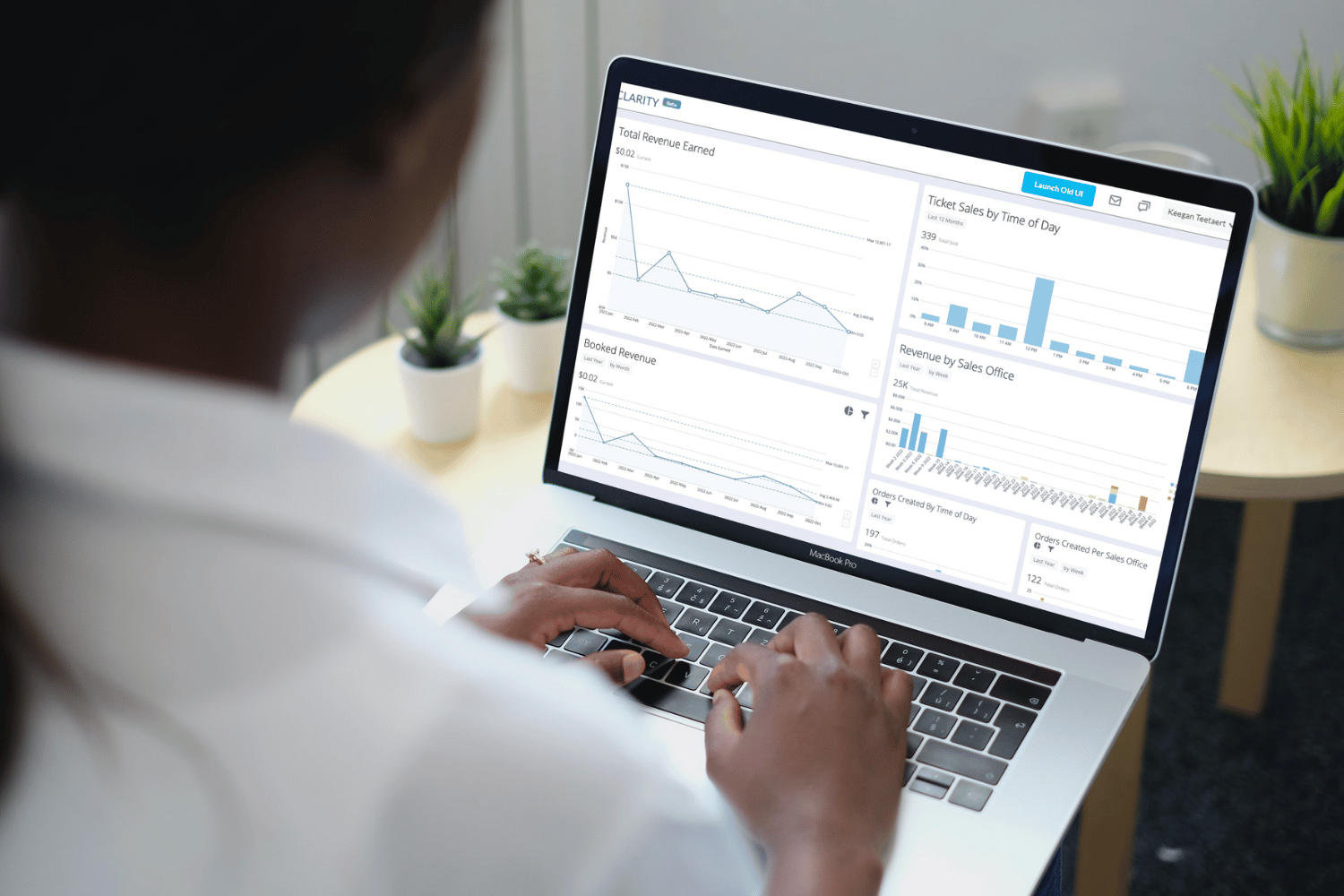 A woman in white long sleeves polo typing on a laptop with graphs