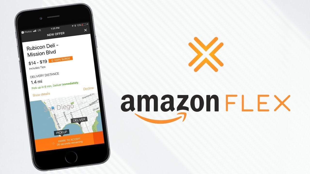 A black phone with an address for Amazon Flex on it.