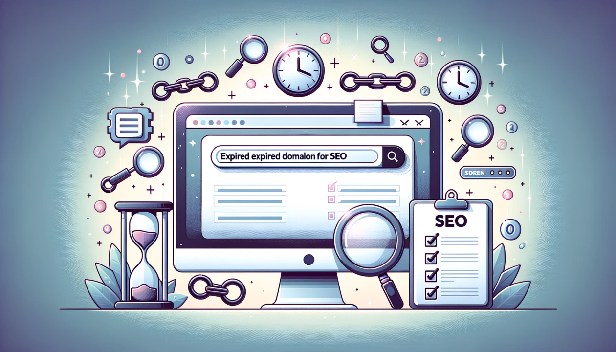 A computer monitor with a magnifying glass, clipboard, and clock surrounding it, with the text "Expired domain for SEO"