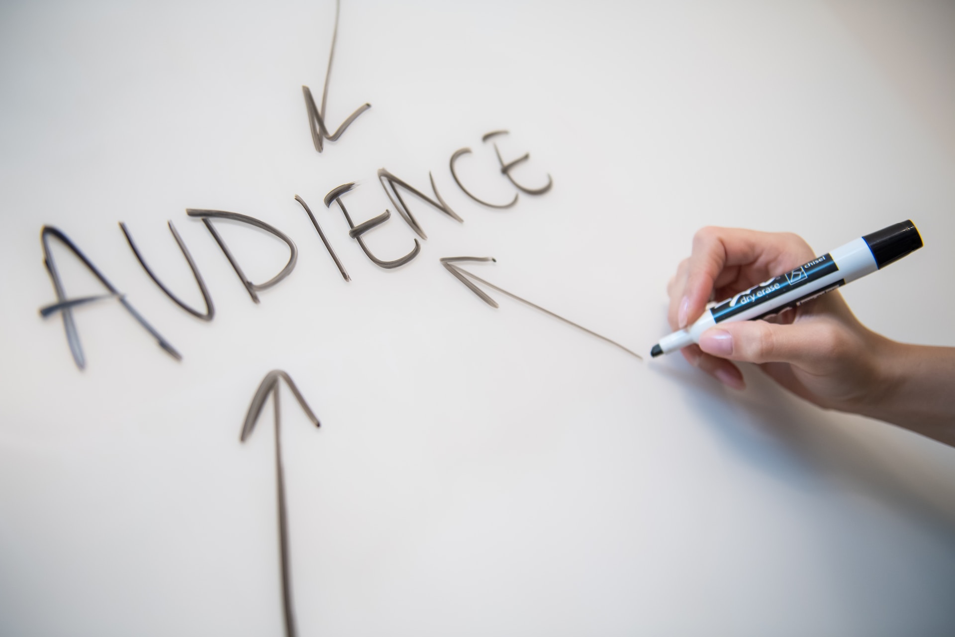 A person drawing arrows to the word 'audience' with a black marker on a white board