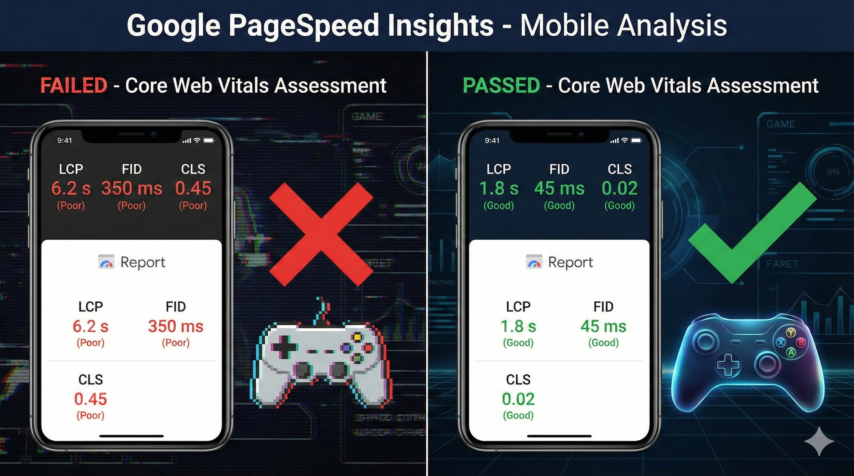 PageSpeed mobile comparison showing failed versus passed web vitals