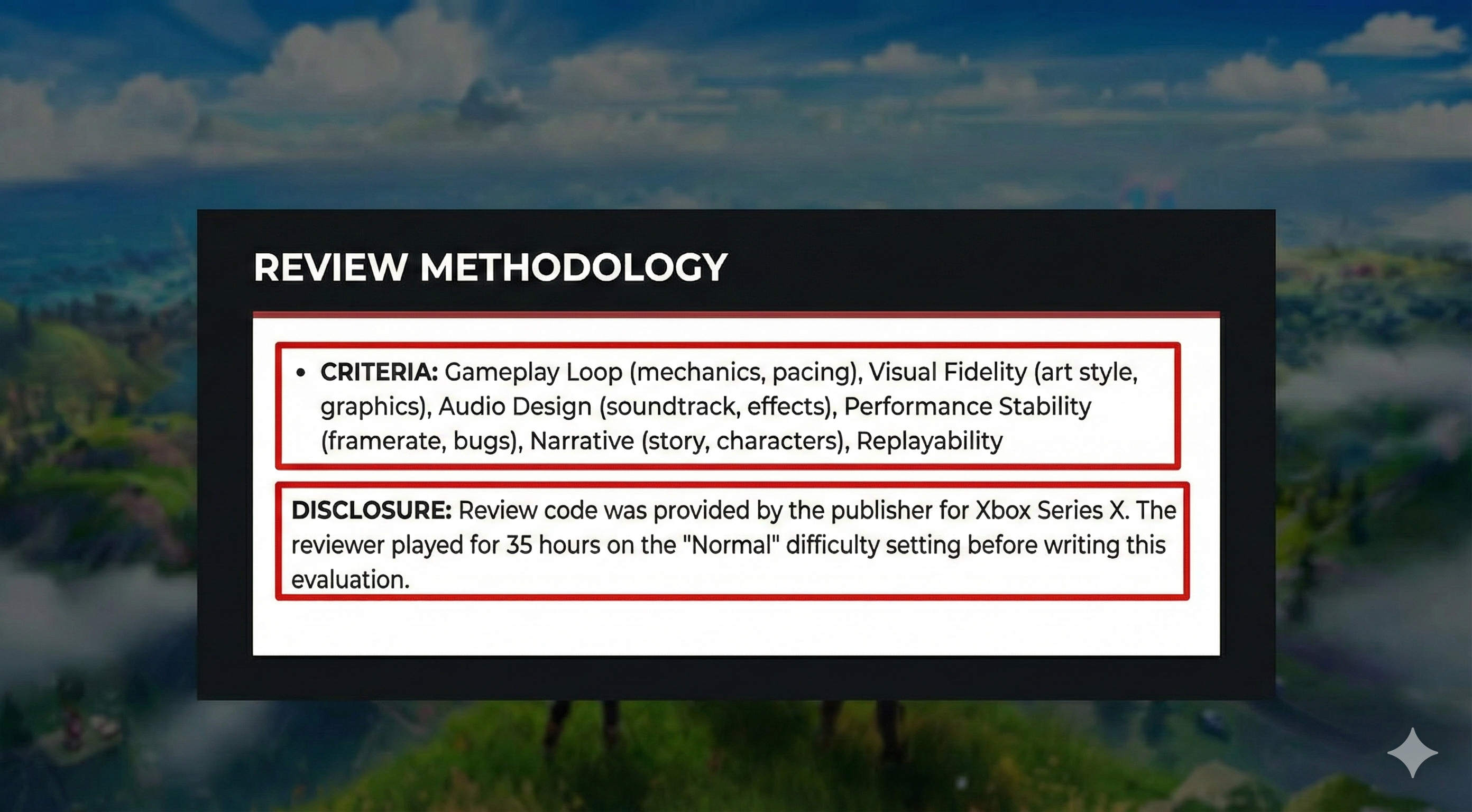 Review methodology slide listing criteria and disclosure details